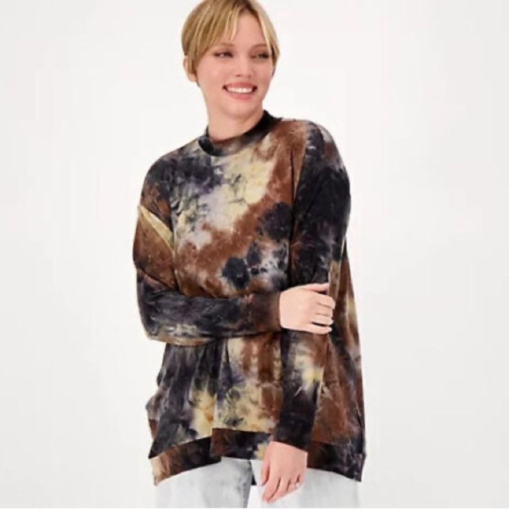 LOGO Lounge by Lori‎ Goldstein Tie-Dye Mock-Neck Top Black and Brown New